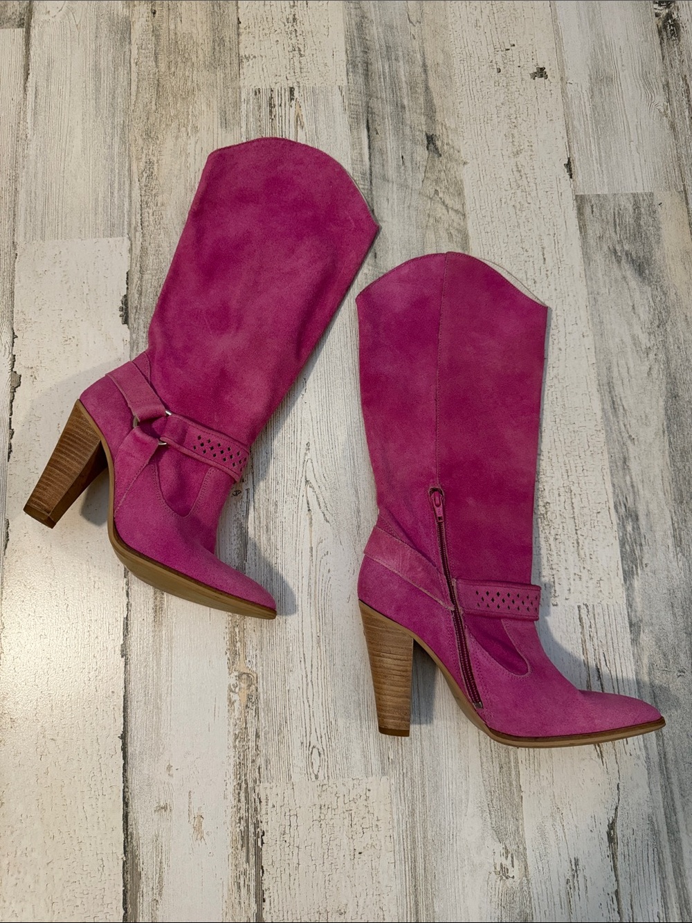 San Marina Suede Pink Tall Point Toe High Heel Buckle Zip Up Boot EU 37 US 6-6.5
